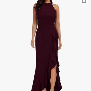 Burgundy Women's High Neck Split Bodycon Mermaid Evening Cocktail Long Dress